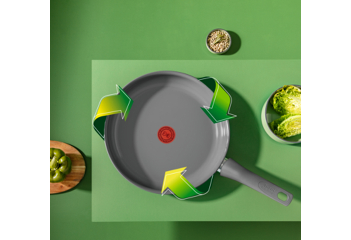Απεικονίζεται το τηγάνι, ενώ γύρω του υπάρχει το πράσινο εικονίδιο της ανακύκλωσης